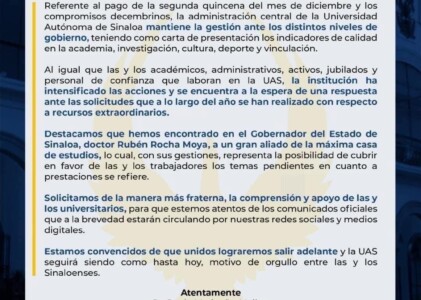 Sin asegurar el pago de la segunda quincena de diciembre, crece la decepción en la UAS; trabajadores cuestionan destino de recursos etiquetados