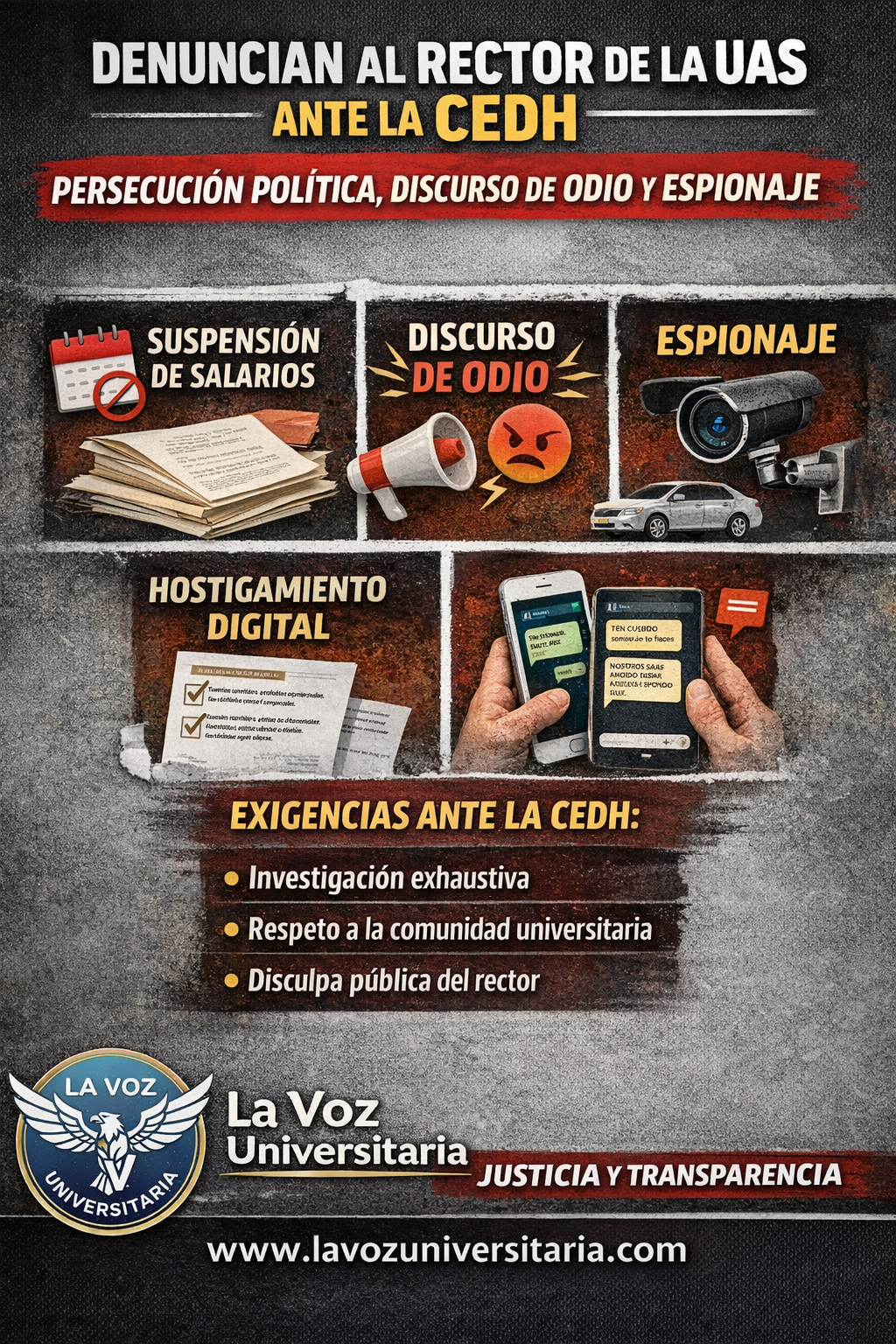 Denuncian al Rector de la UAS ante la CEDH por Persecución Política, Discurso de Odio y Espionaje