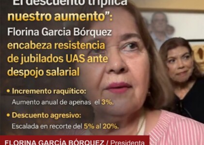 “El descuento triplica nuestro aumento”: Florina García Bórquez encabeza resistencia de jubilados UAS ante despojo salarial